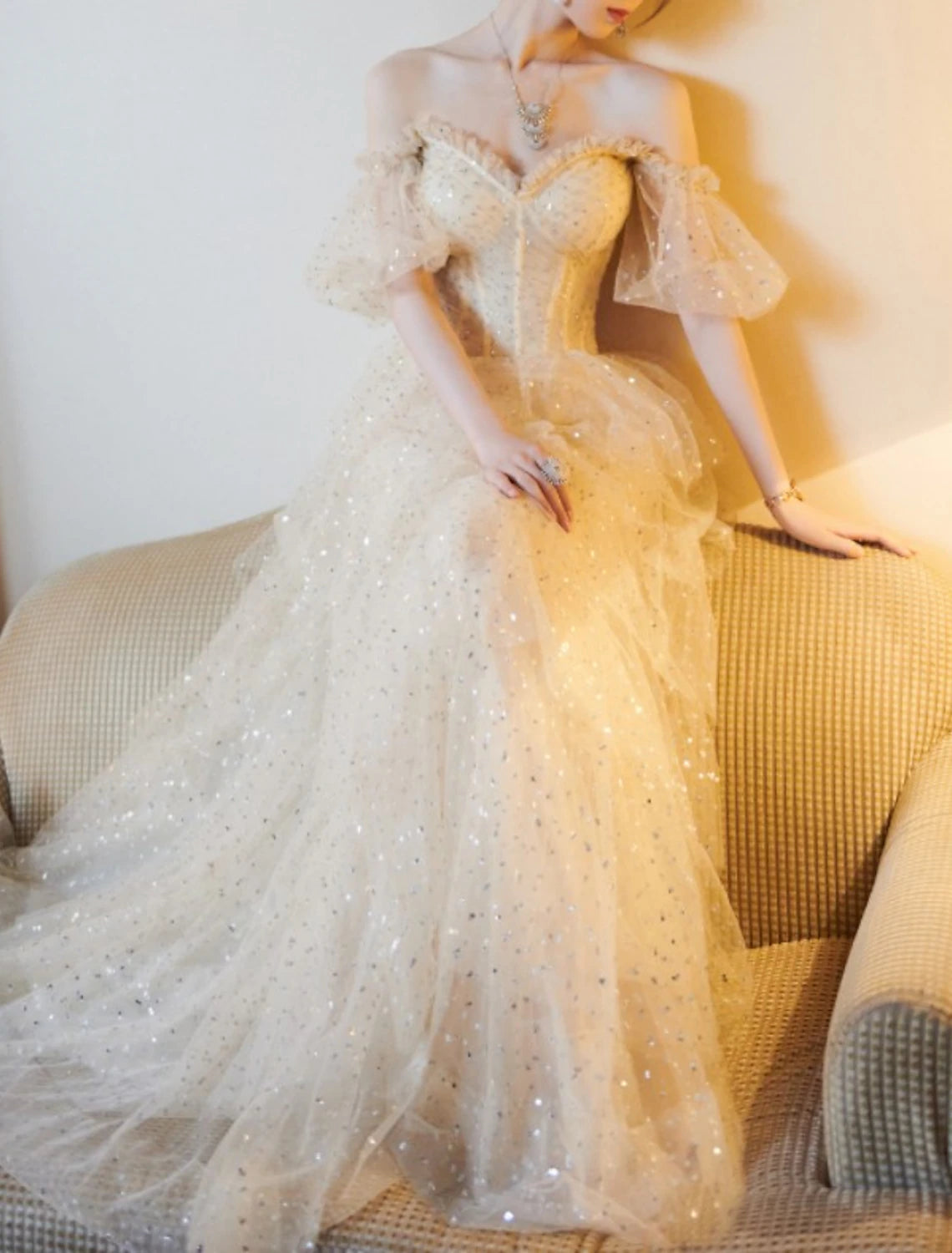 Wholesale A-Line Sparkle Vintage Engagement Formal Evening Dress Sweetheart Neckline Short Sleeve Floor Length Tulle with Sequin